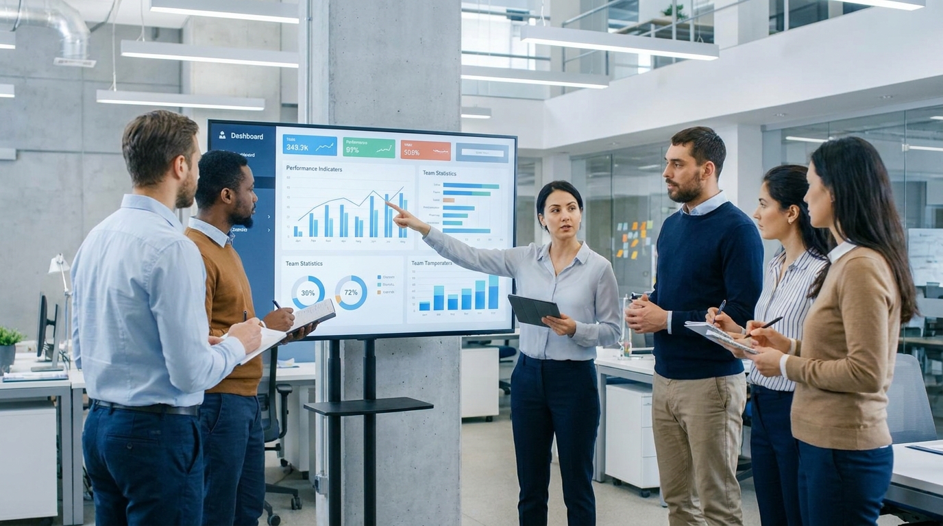Equipo de trabajo analizando información en una oficina.